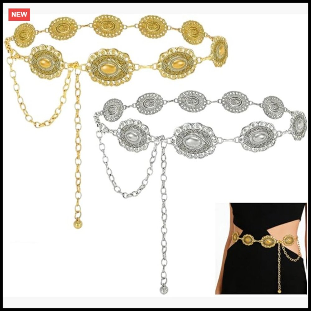 Western Metal Concho Belt Set Adjustable Boho Cowgirl Fashion Chain Link